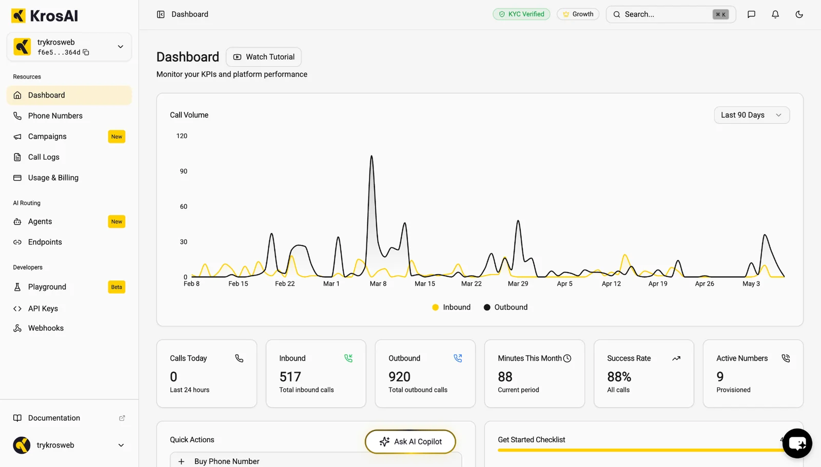 KrosAI cockpit dashboard showing call volume analytics, KPIs, and phone number management for AI voice agents
